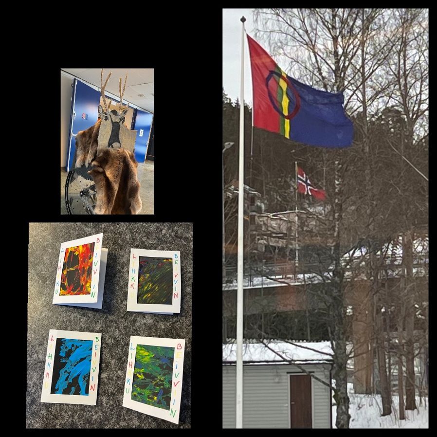 En collage av bilder av en hund og et flagg