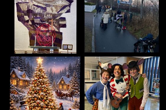 En collage av en person og en person som står ved siden av et juletre