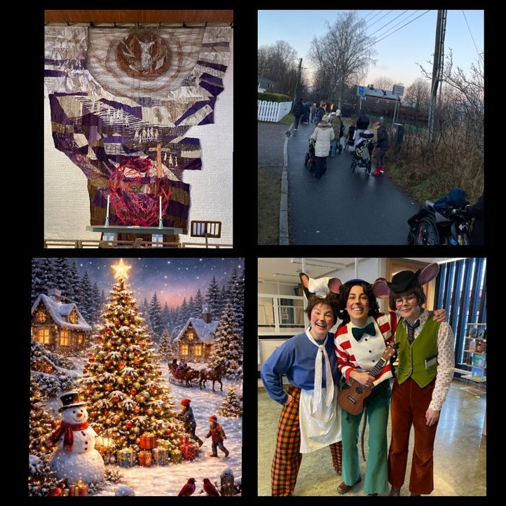 En collage av en person og en person som står ved siden av et juletre