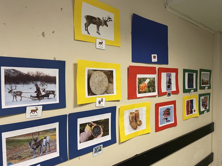 Foto: Haukåsen skole en vegg med bilder og plakater, tverrfaglig arbeid med samisk kultur og begreper